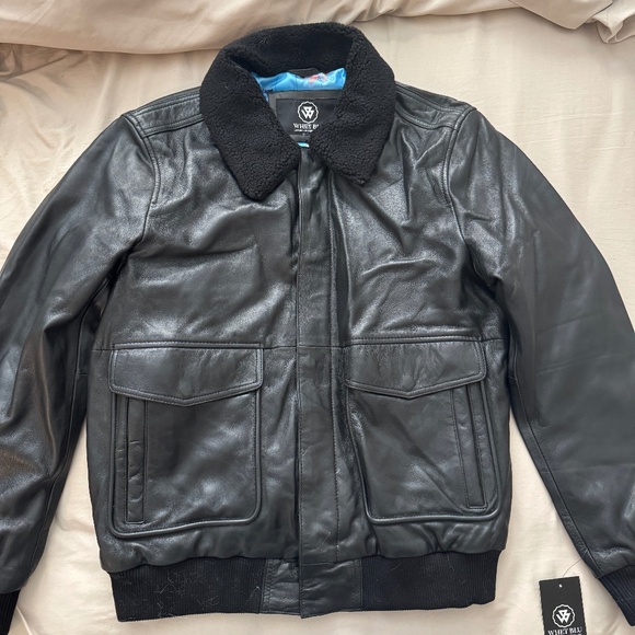 Black Leather Aviator Jacket (Men’s L) – Shearling Collar, Map-Print Lining - Picture 1 of 3